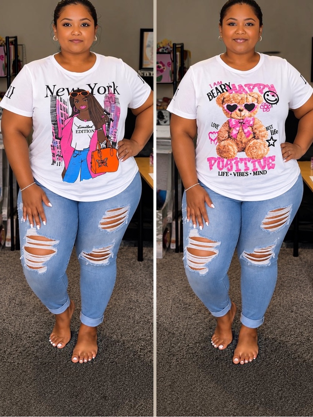 T.J.Maxx White Graphic Short Sleeve Tee with Pink & Orange Accents